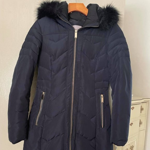 Zara Jackets & Blazers - XS New Zara Puffer Taffeta Hooded Fitted Knee Mid Length Coat Midnight Blue